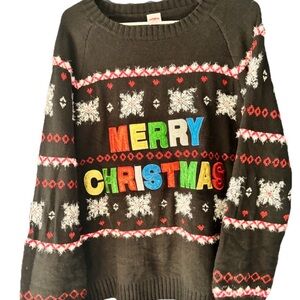 Holiday Time Women's Sparkly Black Merry Christmas Ugly Sweater XL 16-18